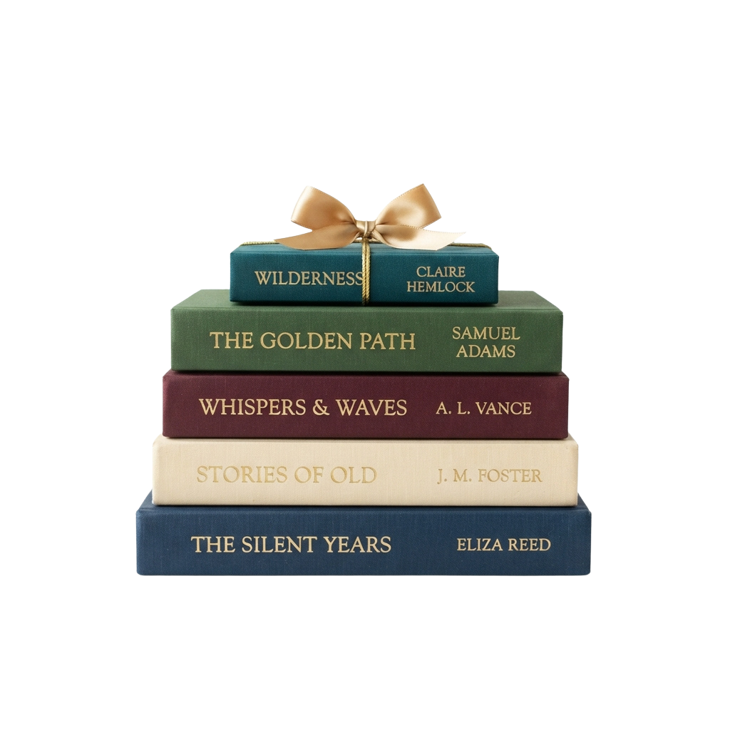 Five hardcover books stacked with a decorative ribbon tied on top.