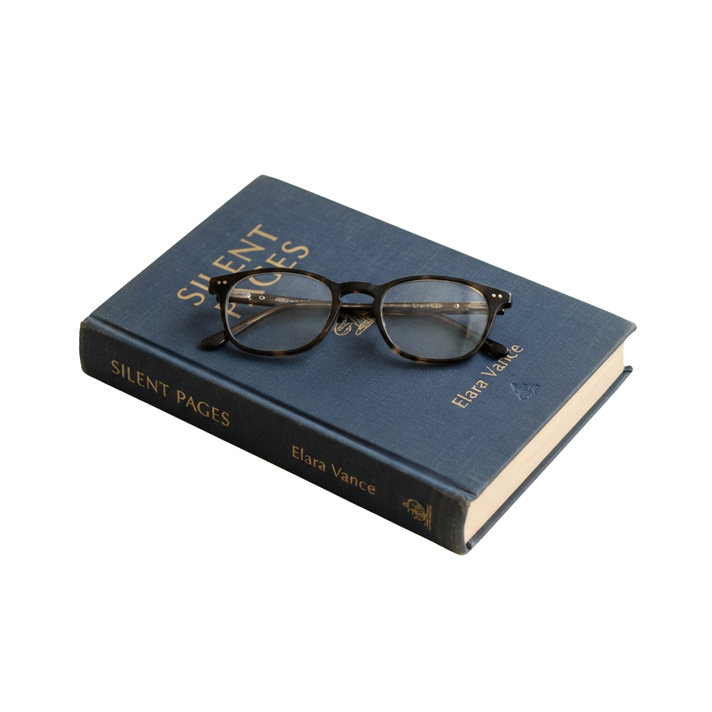 A blue book titled Silent Pages with a pair of glasses resting on top