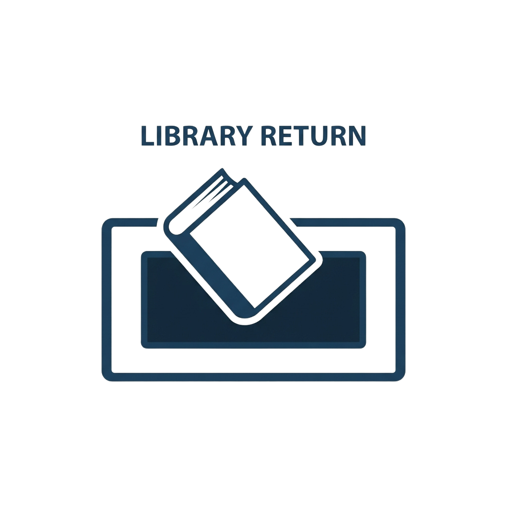 A stylized blue envelope icon with the text Library Return above it on a black background