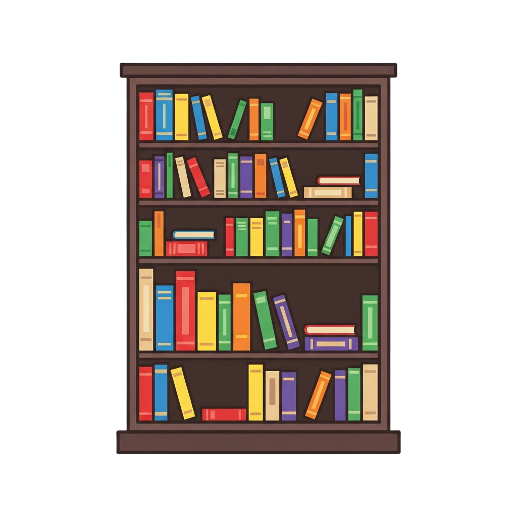 An illustrated bookshelf filled with colorful books arranged neatly on five shelves