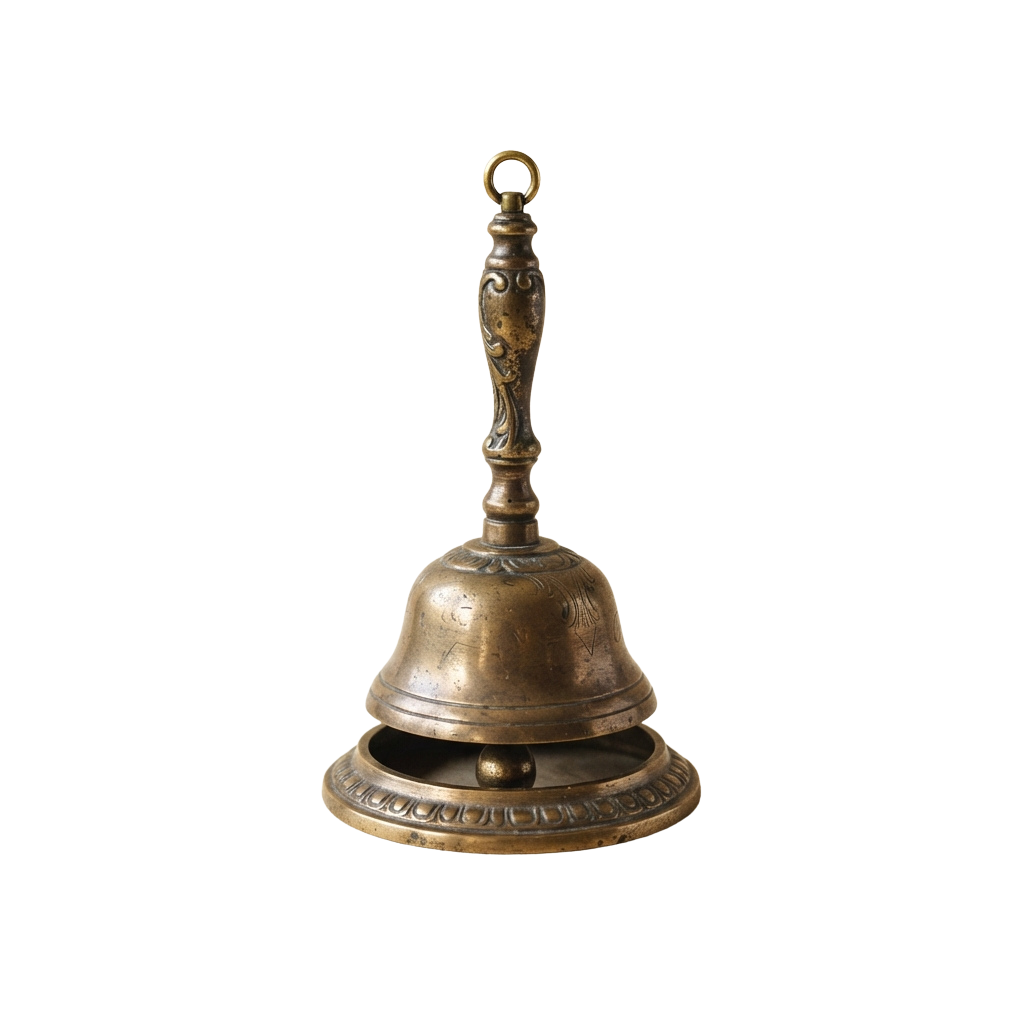 An antique brass bell with a decorative handle and loop, showing intricate engravings on the body and stem.