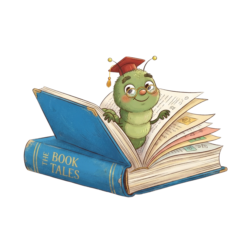 A cheerful caterpillar with glasses and a graduation cap reading an open book titled Book Tales