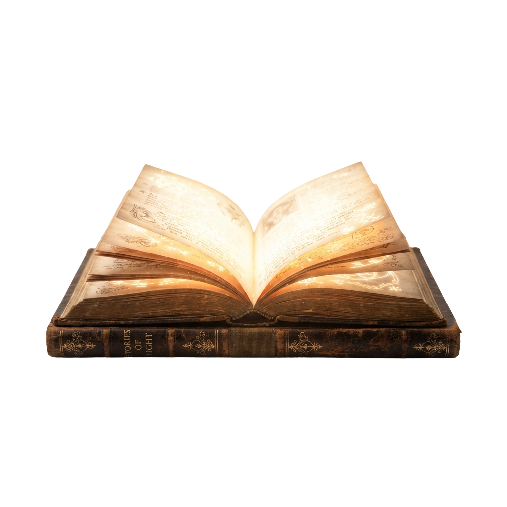 An open vintage book with aged pages glowing softly against a dark backdrop.