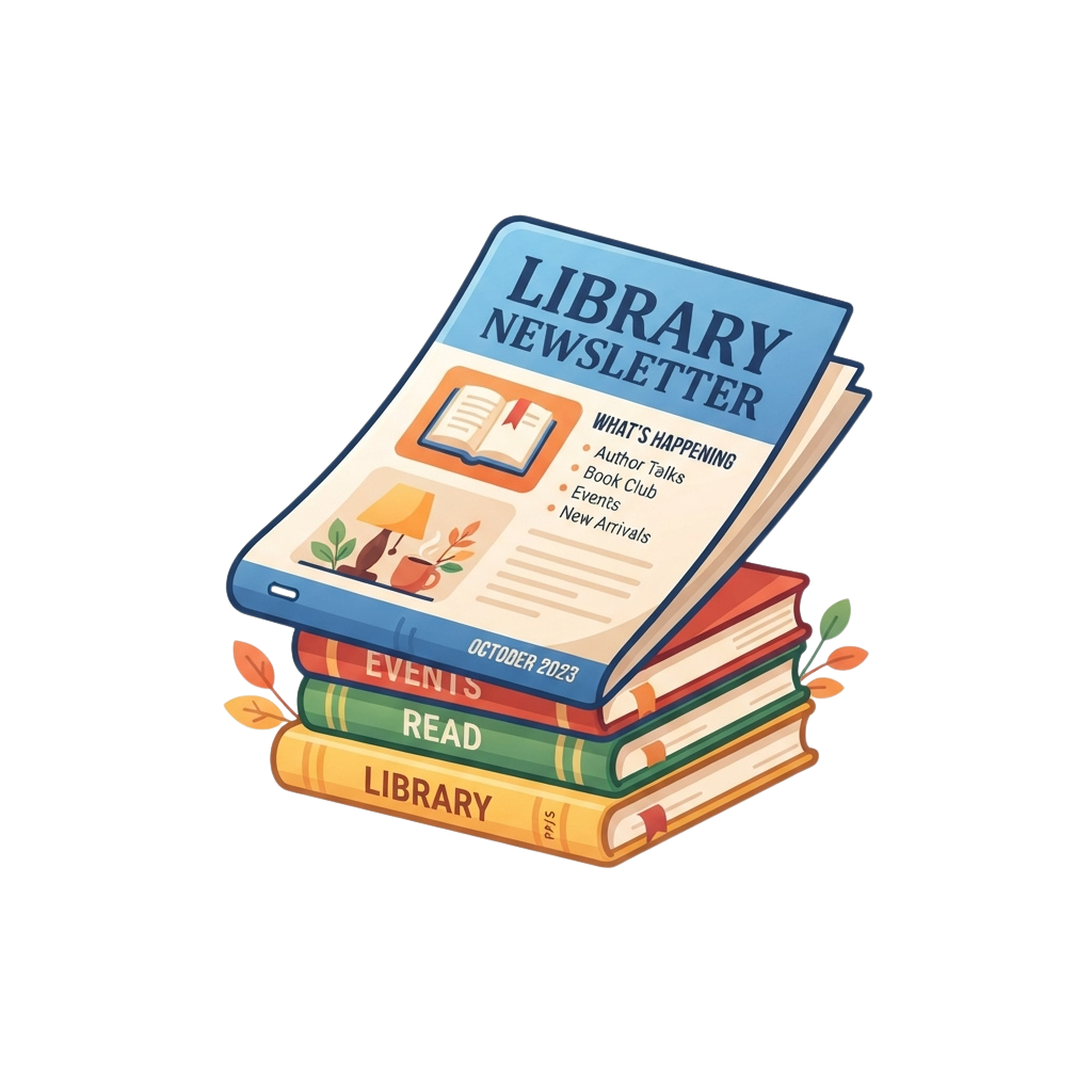 Illustration of a library newsletter on top of three books labeled events, read, and library with autumn leaves around