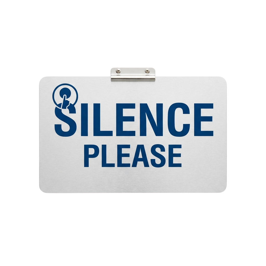White rectangular sign with blue text reading Silence Please and a no-noise symbol, attached to a binder clip
