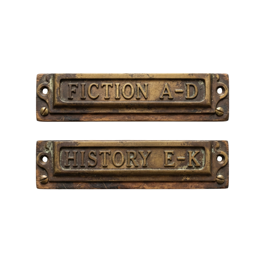 Two old metal drawer labels reading Fiction A-D and History E-K on a dark background