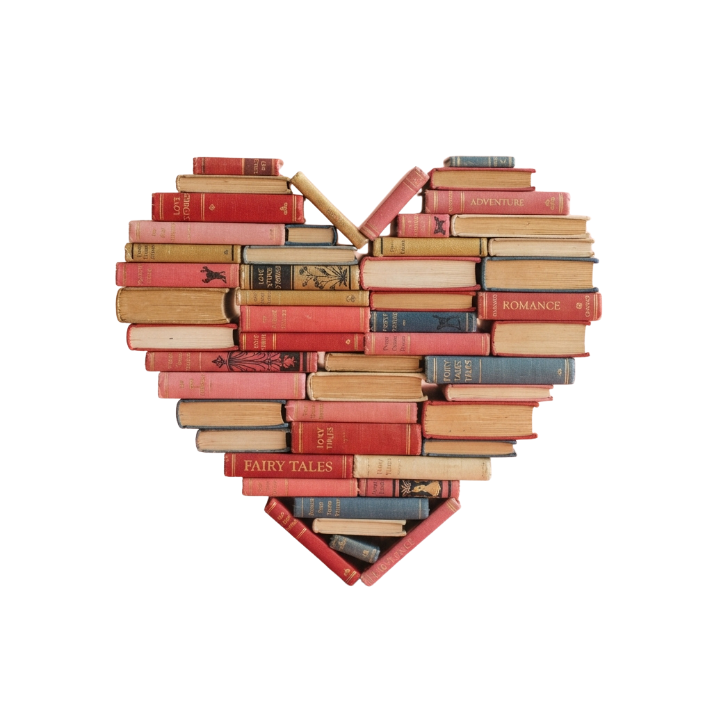 Heart shape made from stacked books with visible spines and titles