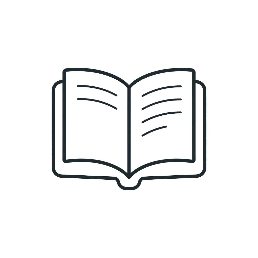 An open book icon with visible pages and lines representing text
