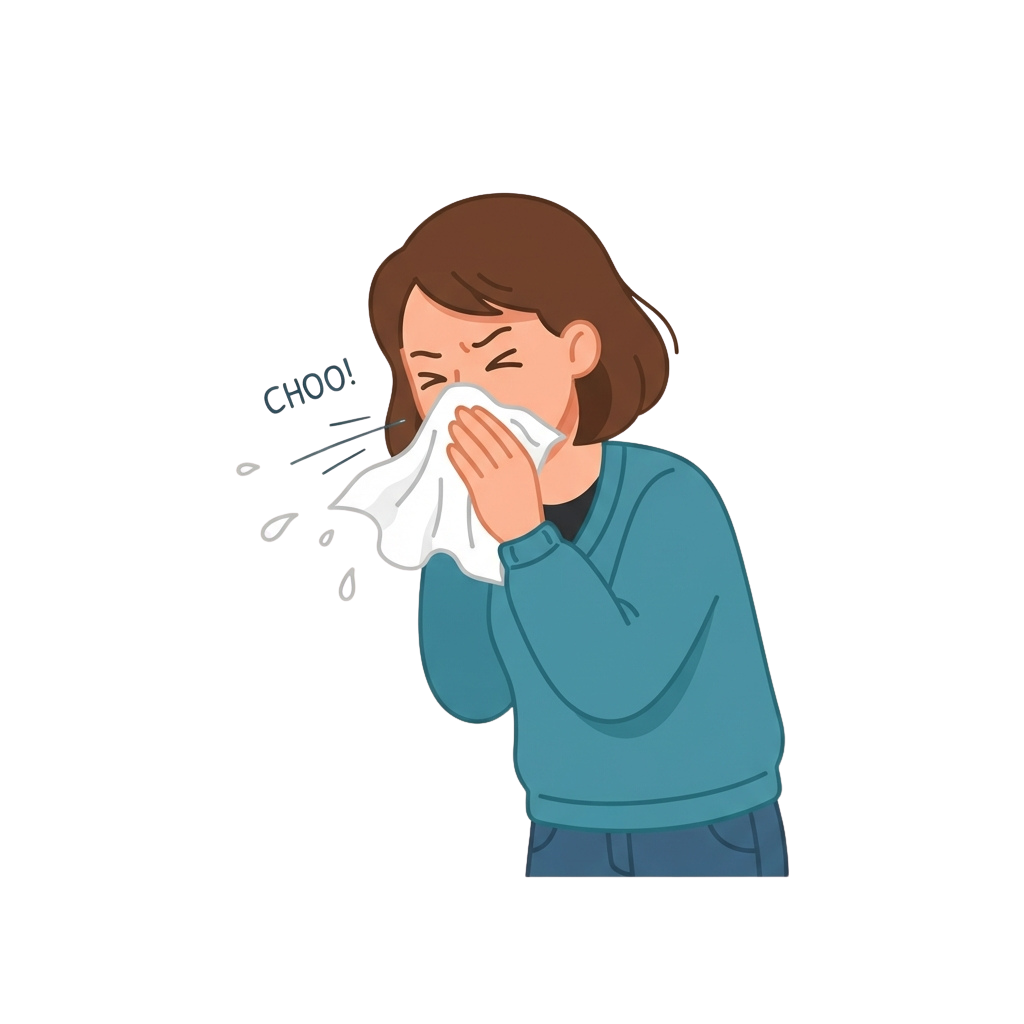Illustration of a person sneezing loudly into a white tissue, labeled with CHOO sound effect