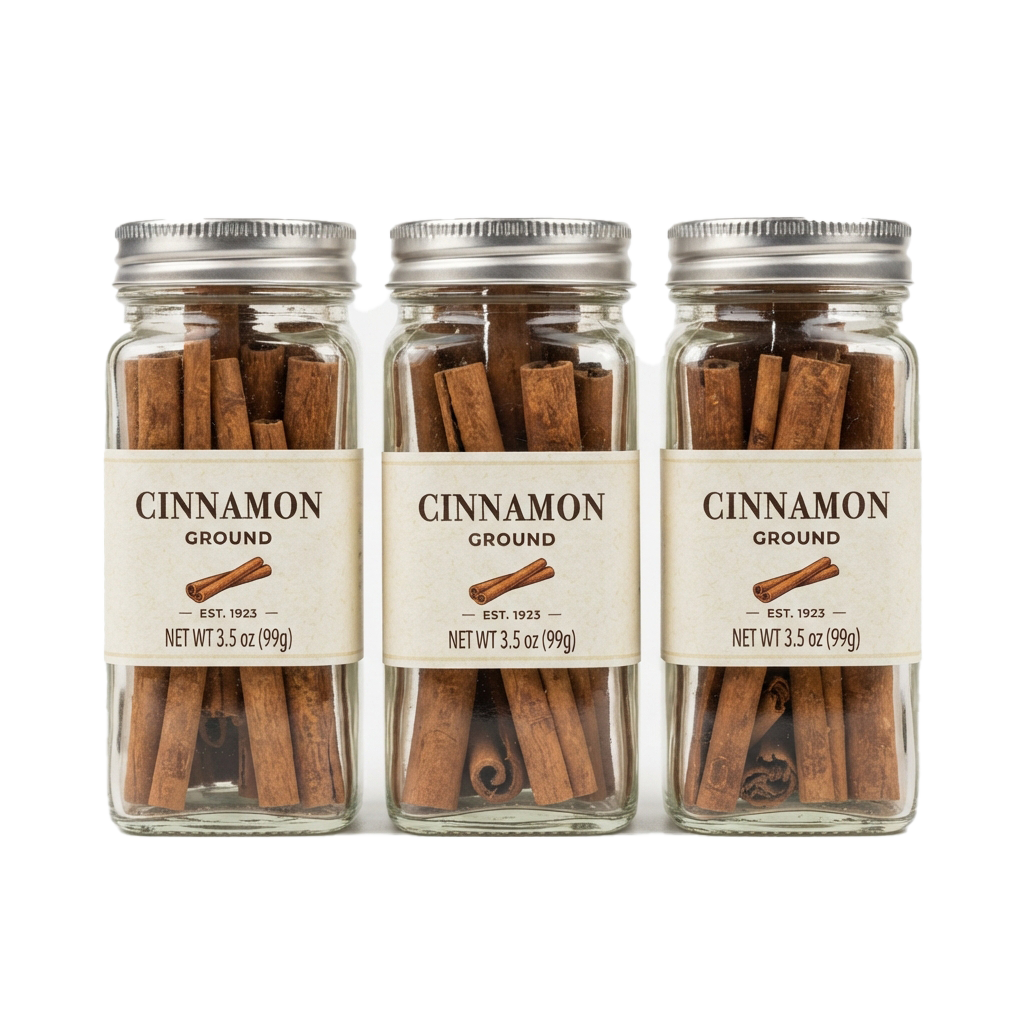 Three glass jars filled with ground cinnamon sticks, each labeled ground cinnamon with weight and establishment year