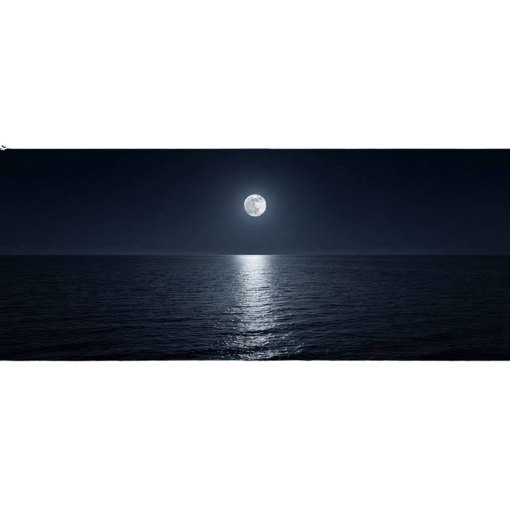 A tranquil night scene showing a full moon reflecting on calm ocean water