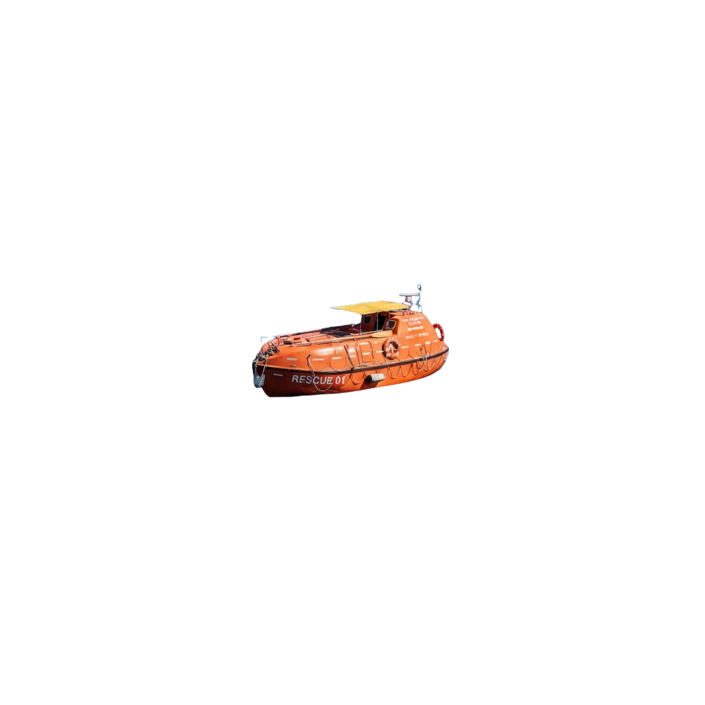 An orange rescue boat floating on water against a dark background
