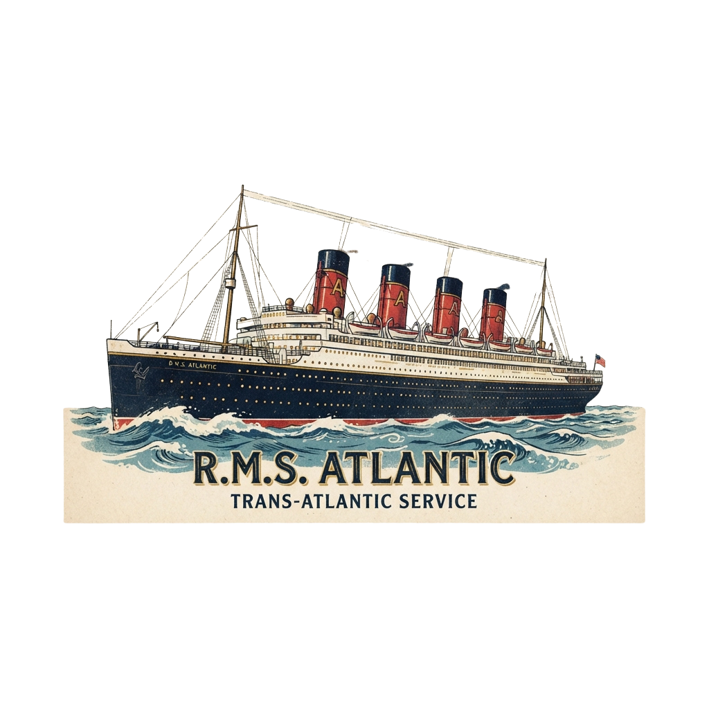 Illustration of an old RMS Atlantic ocean liner sailing on wavy blue water