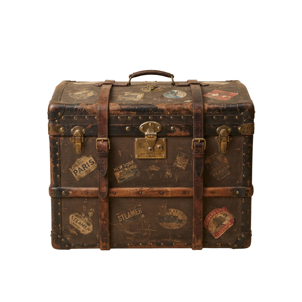 Old leather trunk featuring labels for Paris, New York, London, and steamer marks with brass fittings and latches