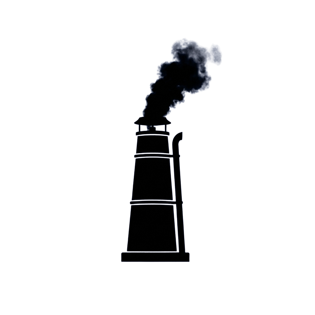 A tall industrial chimney releasing dark smoke into a dark night sky