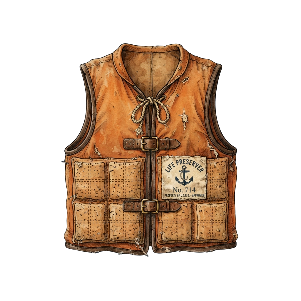 Illustration of an old-style life preserver vest with worn leather and canvas patches, featuring a label and anchor emblem