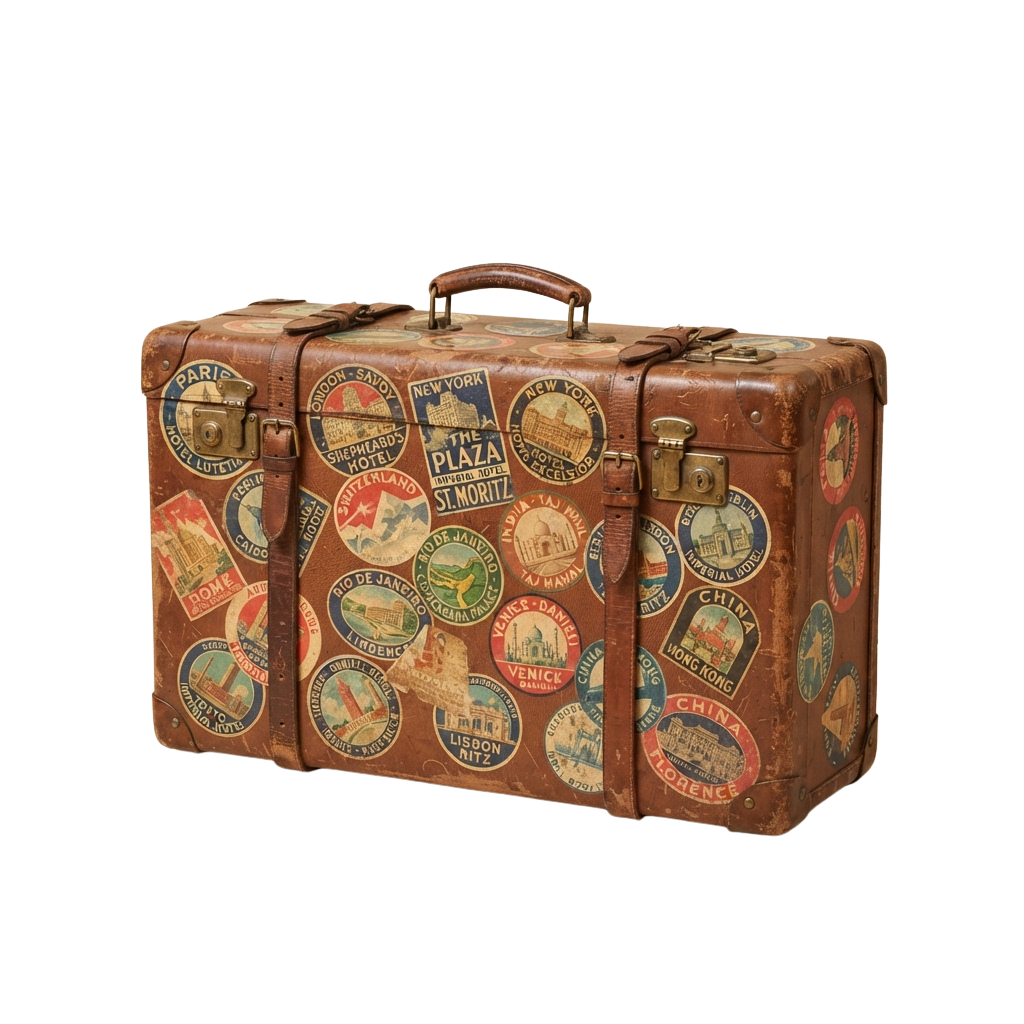 A vintage brown leather suitcase covered with round stickers of famous landmarks and cities worldwide.