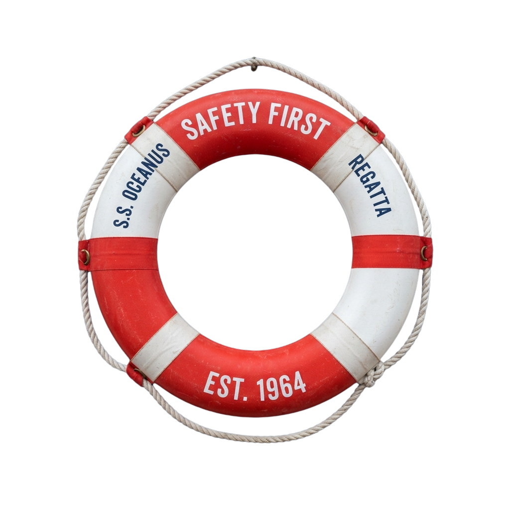Red and white vintage lifebuoy with text reading Safety First, SSS Oceanus, and Est. 1964