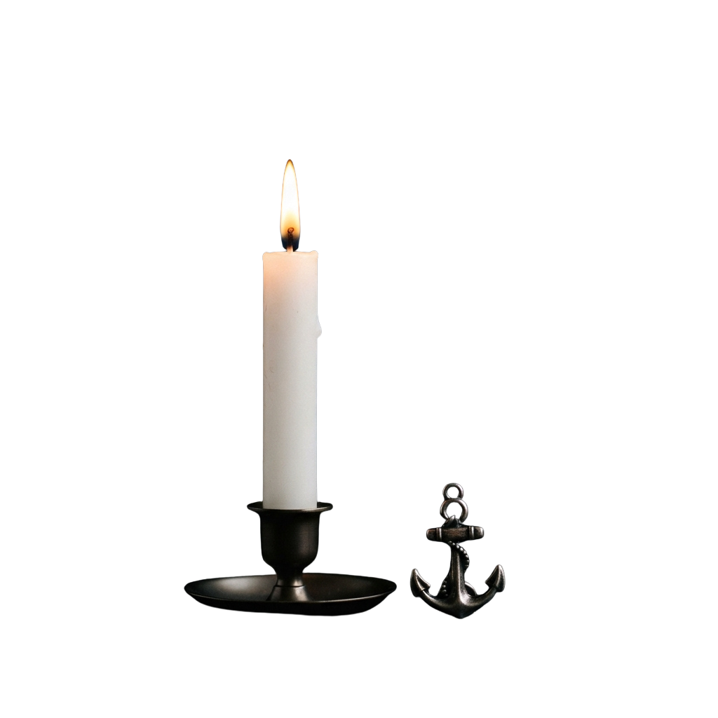 A lit white candle in a black holder next to a small black anchor on a dark background