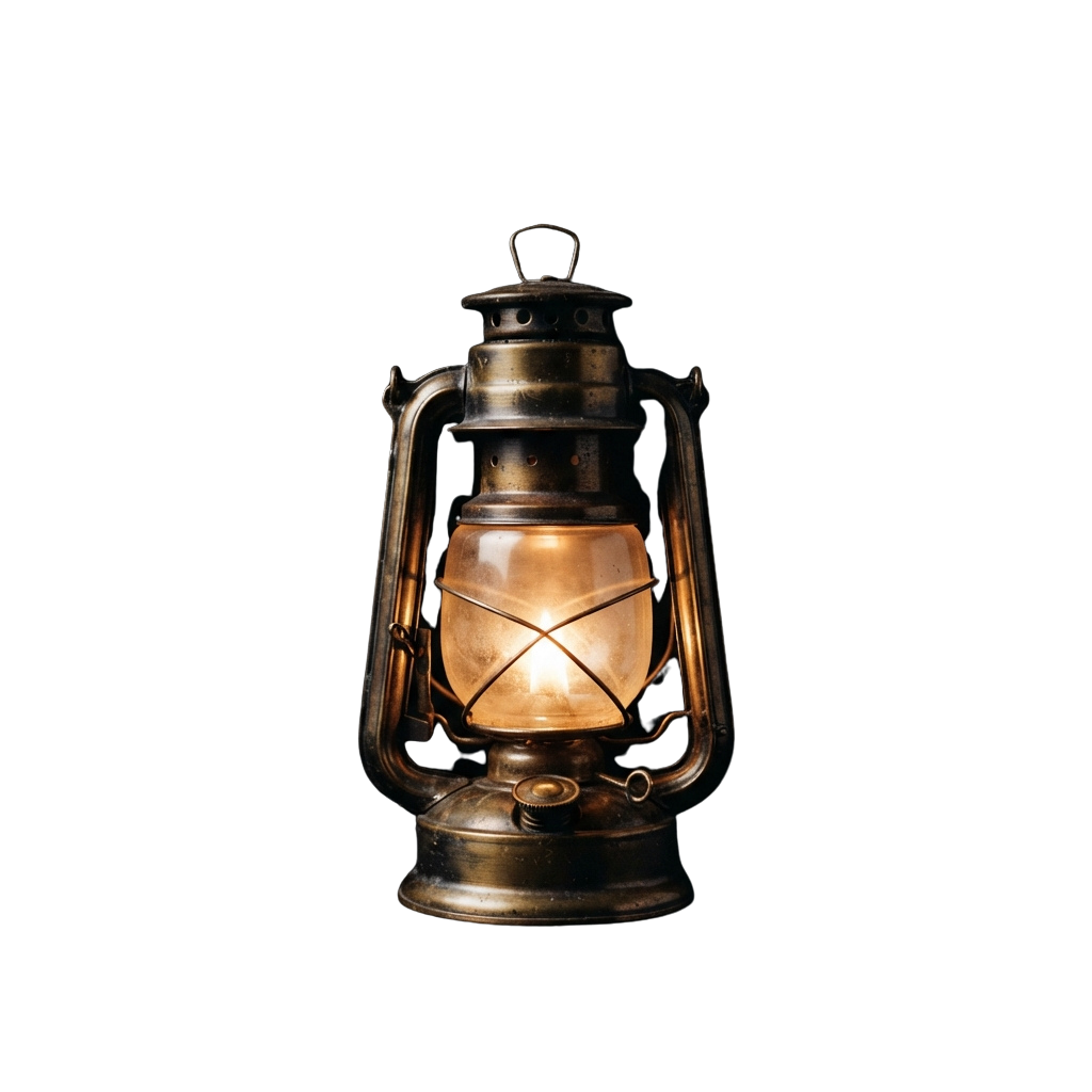 An old-fashioned oil lamp with a lit flame casting a warm glow against a dark backdrop