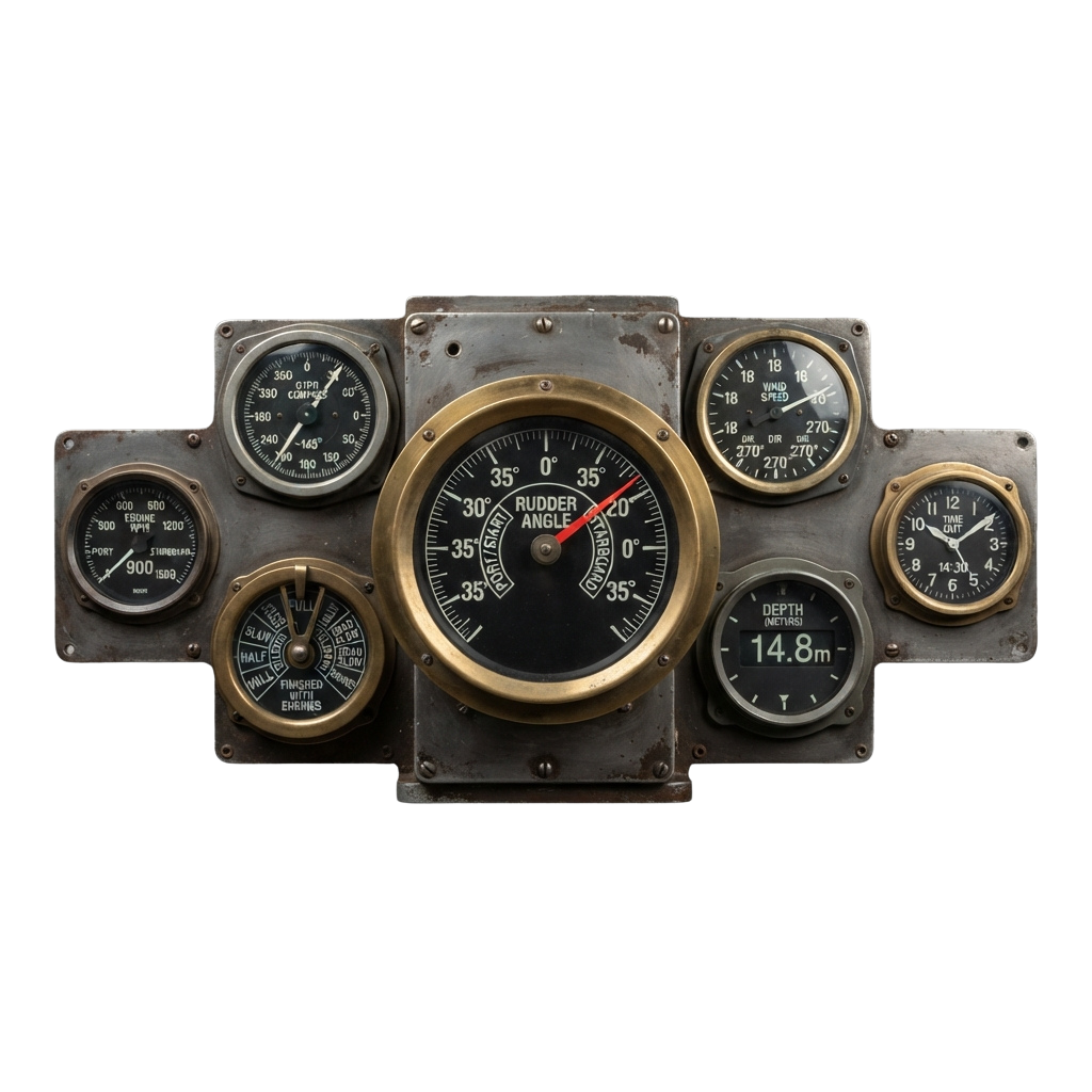 Old-fashioned ship instrument panel showing rudder angle, depth, speed, and time gauges