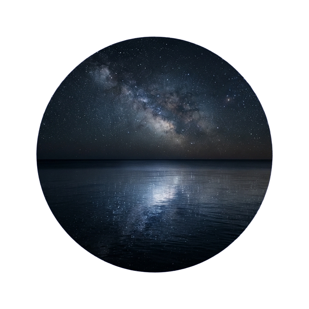 A serene night sky showing the Milky Way galaxy reflected in calm water below, with stars twinkling above the horizon