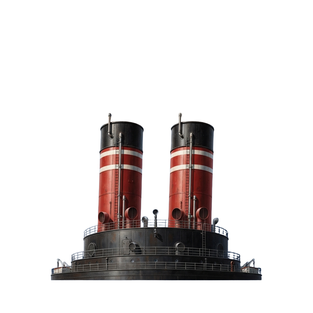 Model of an old ship featuring two tall smokestacks painted red with white and black bands against a dark background