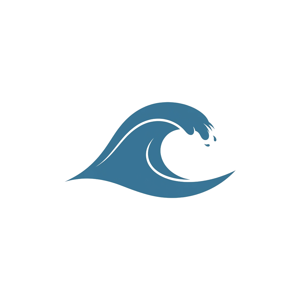 A stylized blue wave with white foam breaking, representing ocean waves