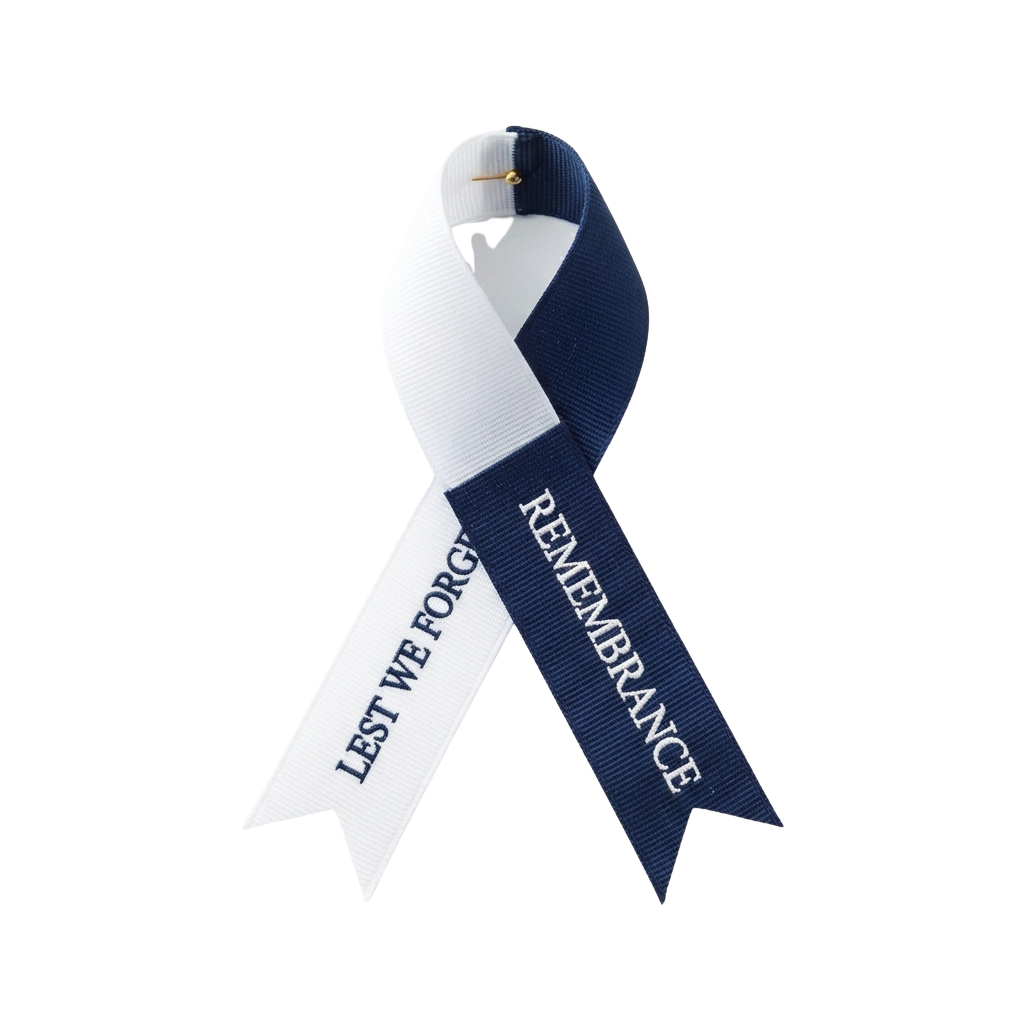 A ribbon with white and dark blue stripes, text reading Lest We Forget and Reverence