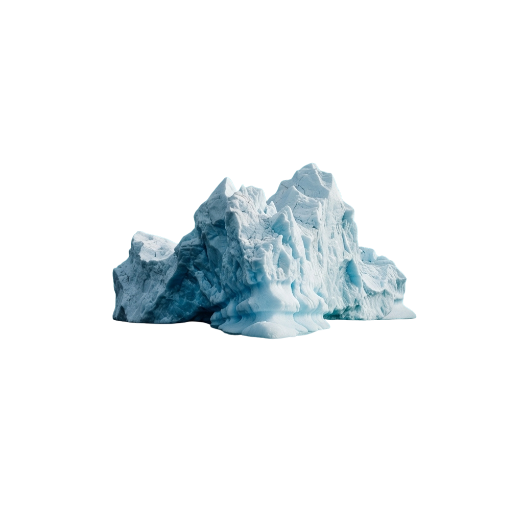 A large iceberg with jagged edges floating against a dark background