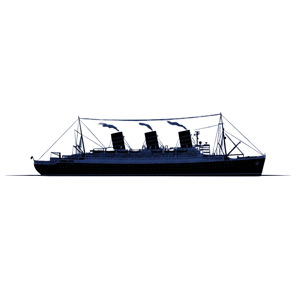 Blue outline drawing of a large vintage ocean liner ship with multiple smokestacks and decks.