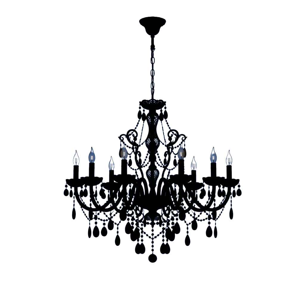 An elegant chandelier with blue crystal accents and intricate metalwork, featuring multiple candle-style lights glowing softly.