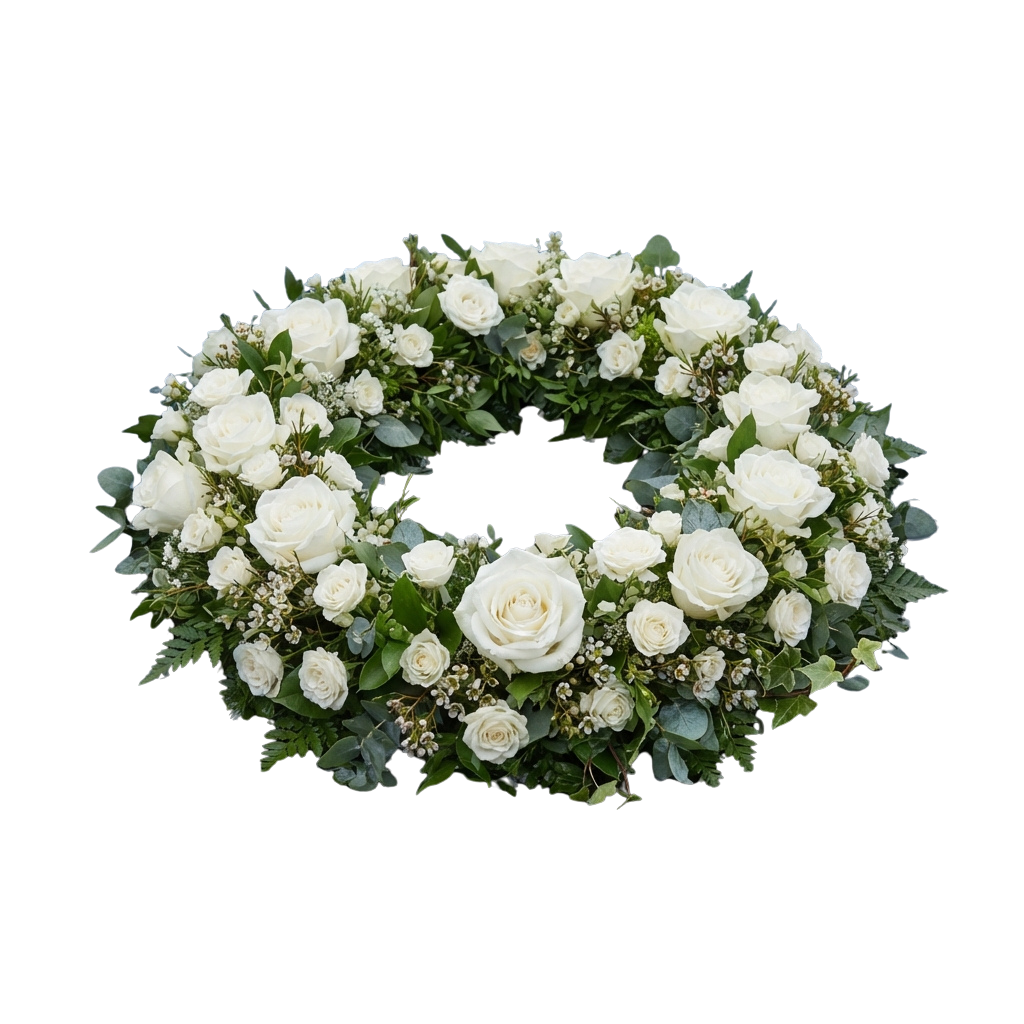 A circular wreath made of white roses and green foliage against a black background