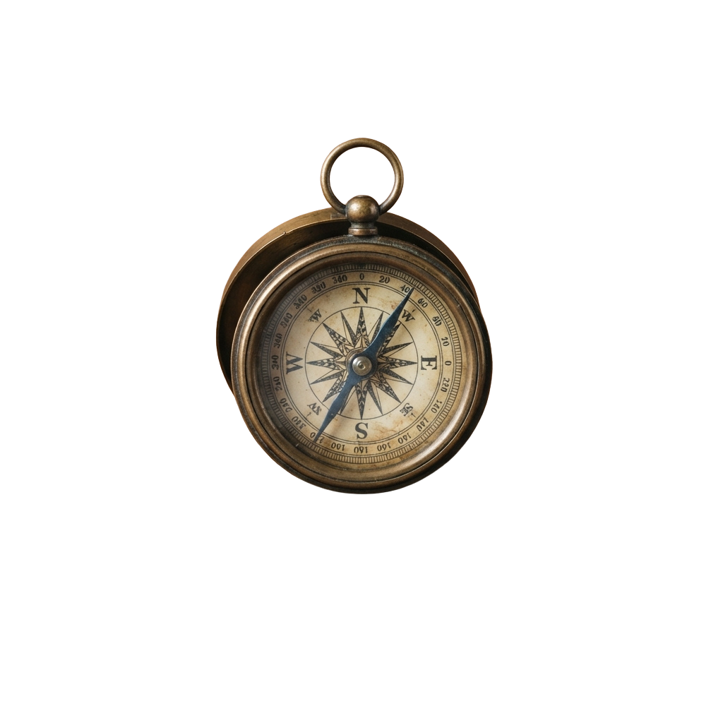 A close-up of an antique brass pocket compass with a loop handle and clear directional markings.