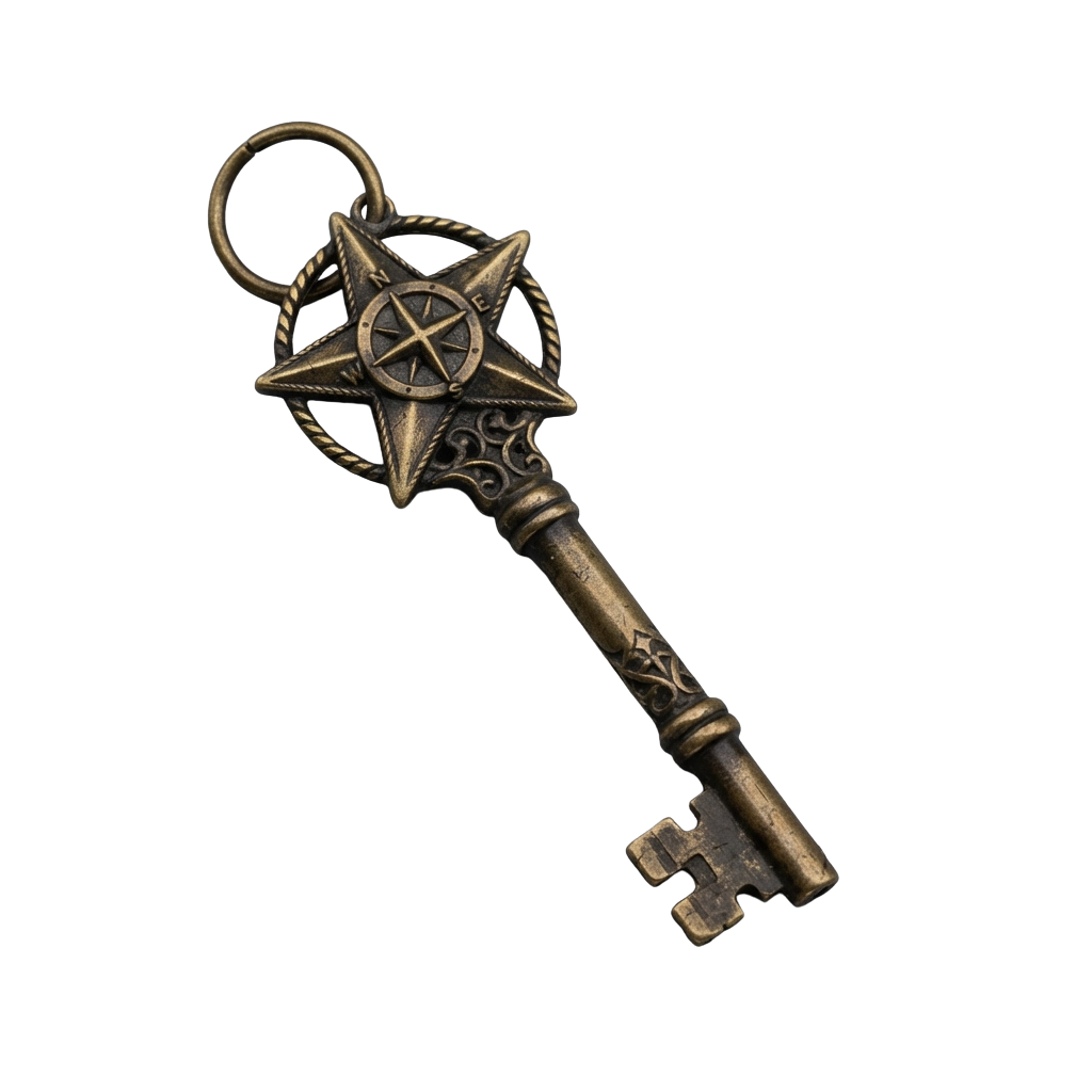 A detailed antique-style keychain featuring an ornate star with a cross at its center.