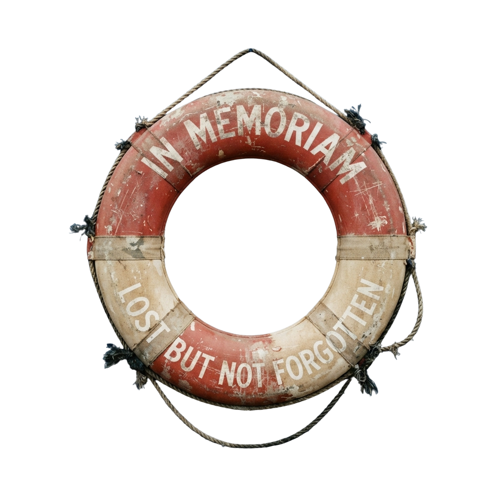 Red and white life preserver with faded text reading In Memoriam Lost But Not Forgotten