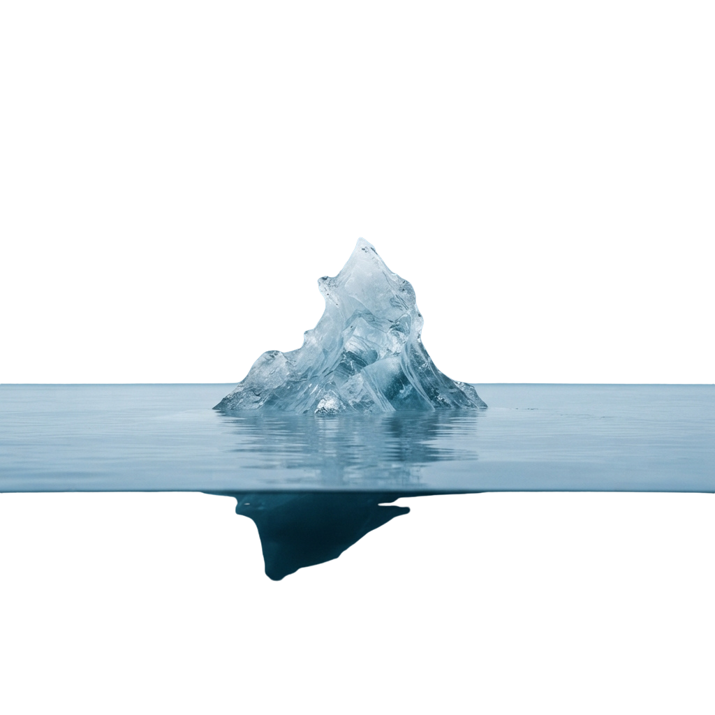 A single iceberg floating in still water against a dark backdrop.