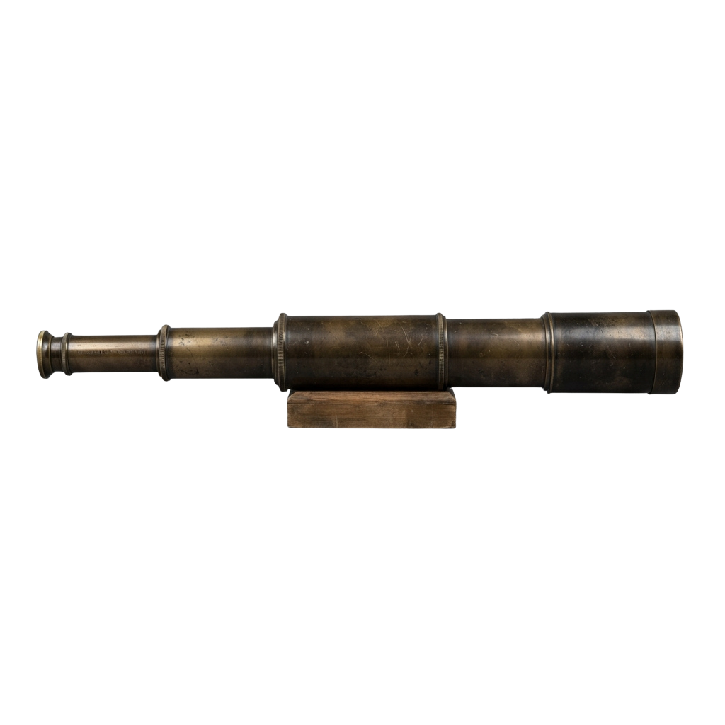 A brass telescope with a wooden base resting on a black background
