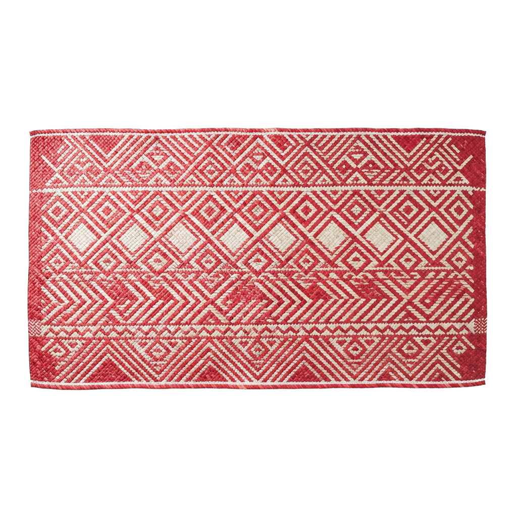 A rectangular textile mat with intricate red and white geometric patterns.