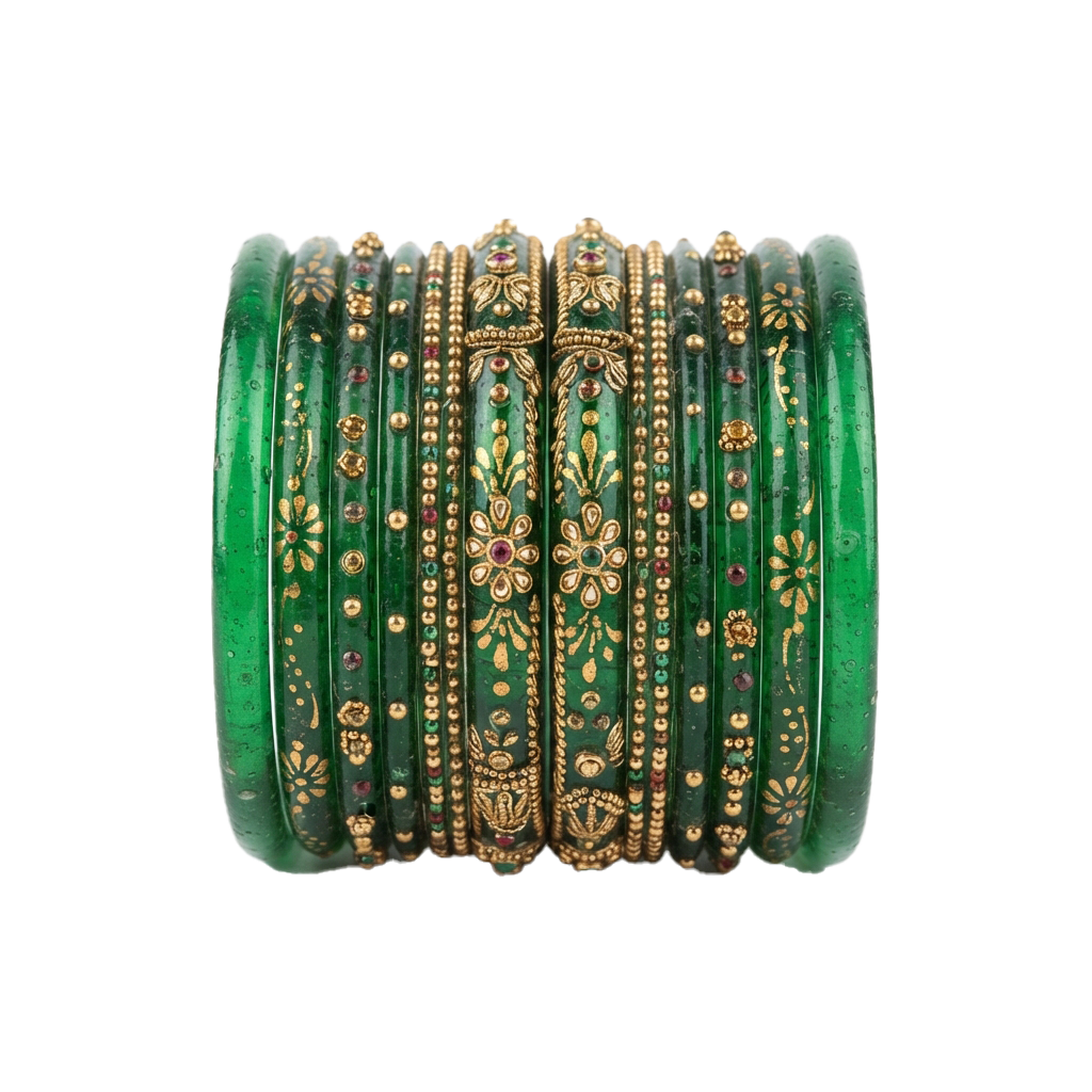 Stack of intricately designed green glass bangles featuring gold floral and geometric patterns