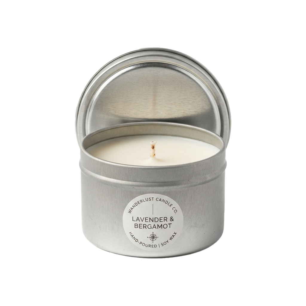 A lit soy wax candle in a light-colored tin container with a clear lid, labeled Lavender Bergamot