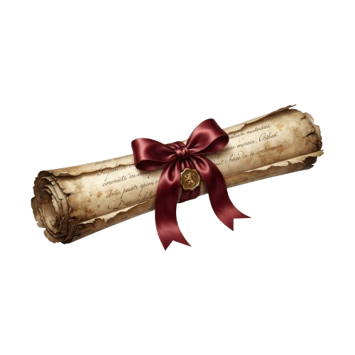 Aged parchment scroll tied with a red velvet ribbon and decorative gold seal