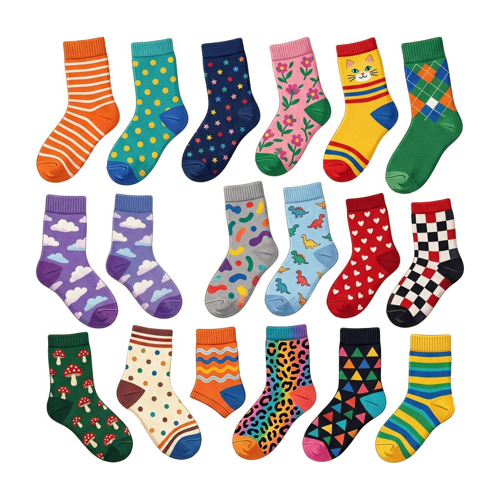 Assorted colorful socks featuring stripes, polka dots, animals, cats, hearts, and geometric shapes