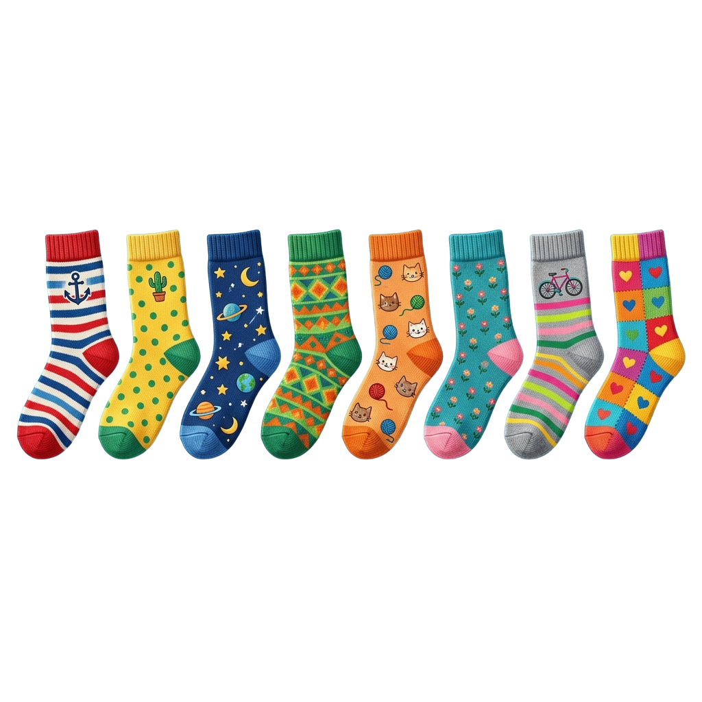 Seven pairs of socks featuring nautical, space, geometric, cat, bicycle, striped, and heart patterns