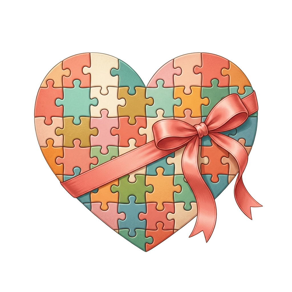A heart-shaped puzzle made of colorful pieces tied with a pink satin ribbon bow.