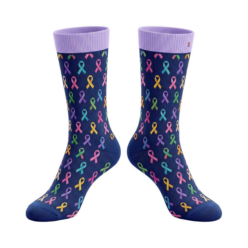 Pair of socks with multicolored awareness ribbons in pink, green, yellow, and blue on navy background