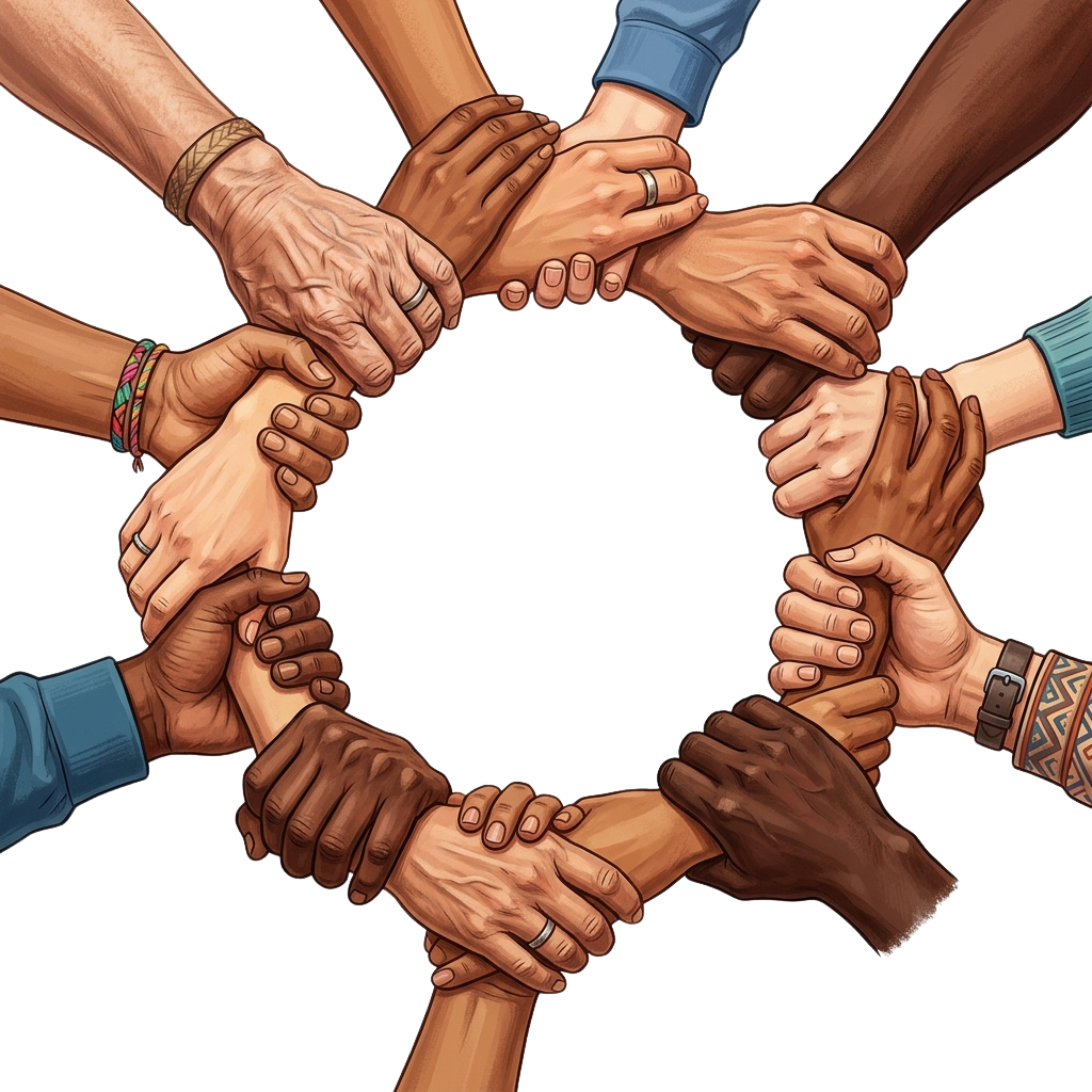Illustration of multiple hands of different skin tones clasped together in a circle symbolizing unity and teamwork