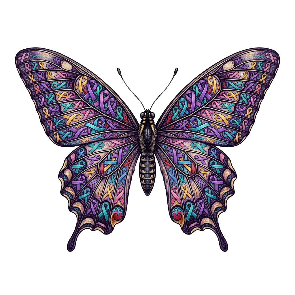 A butterfly with wings covered in various awareness ribbons including purple, teal, pink, and yellow against a black background