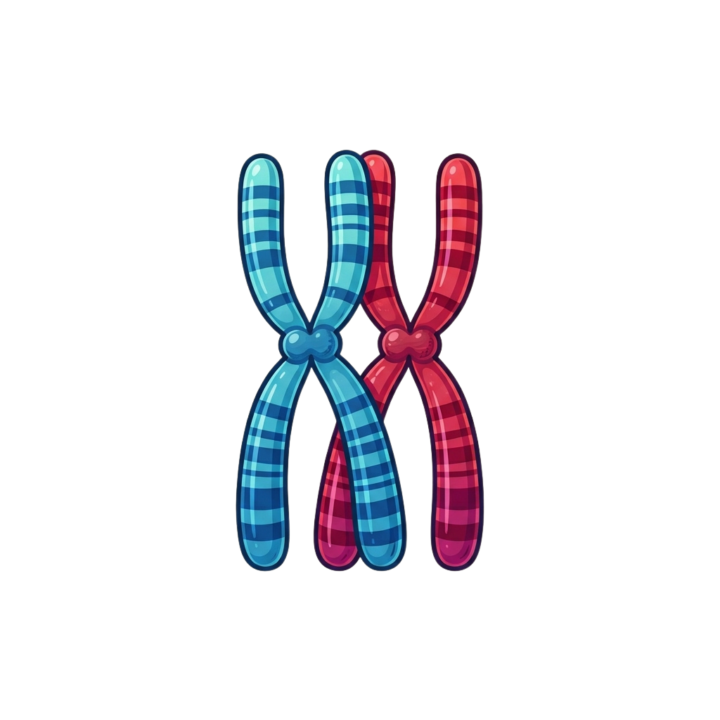 Illustration of an X-shaped chromosome pair with blue and red checkered patterns and rounded ends