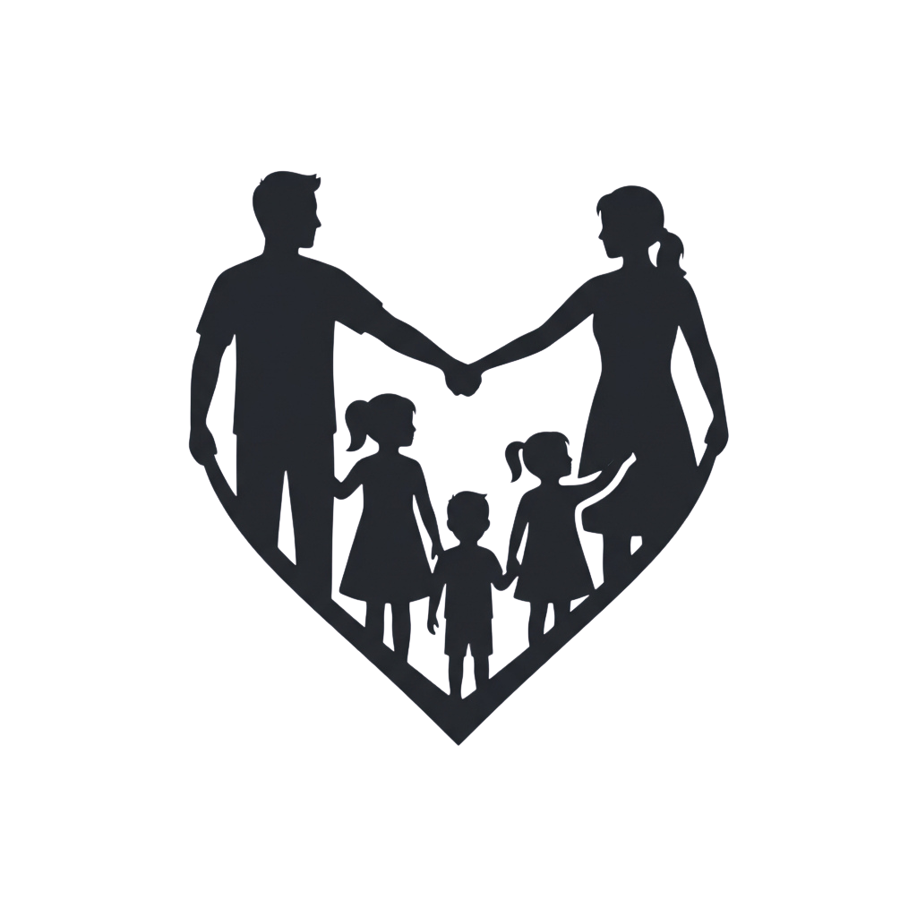 A heart shape formed by two adults and five children holding hands together in silhouette